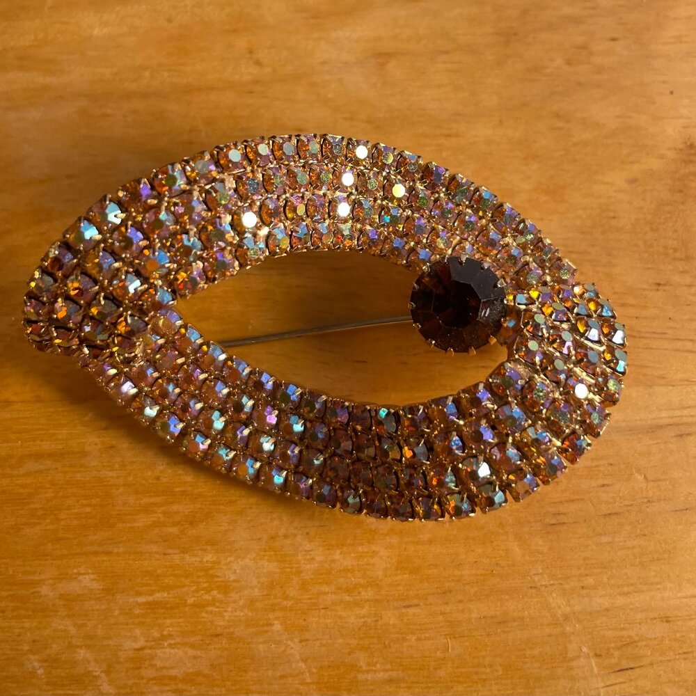 Vintage Brooch with Aurora Borealis Rhinestones | Oval Gold Tone Pin